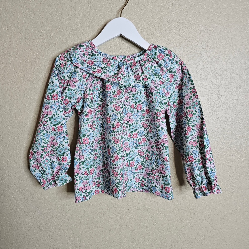 Little English Girls 3T Floral Ruffle Collar Blouse Pink Blue Long Sleeve Top
